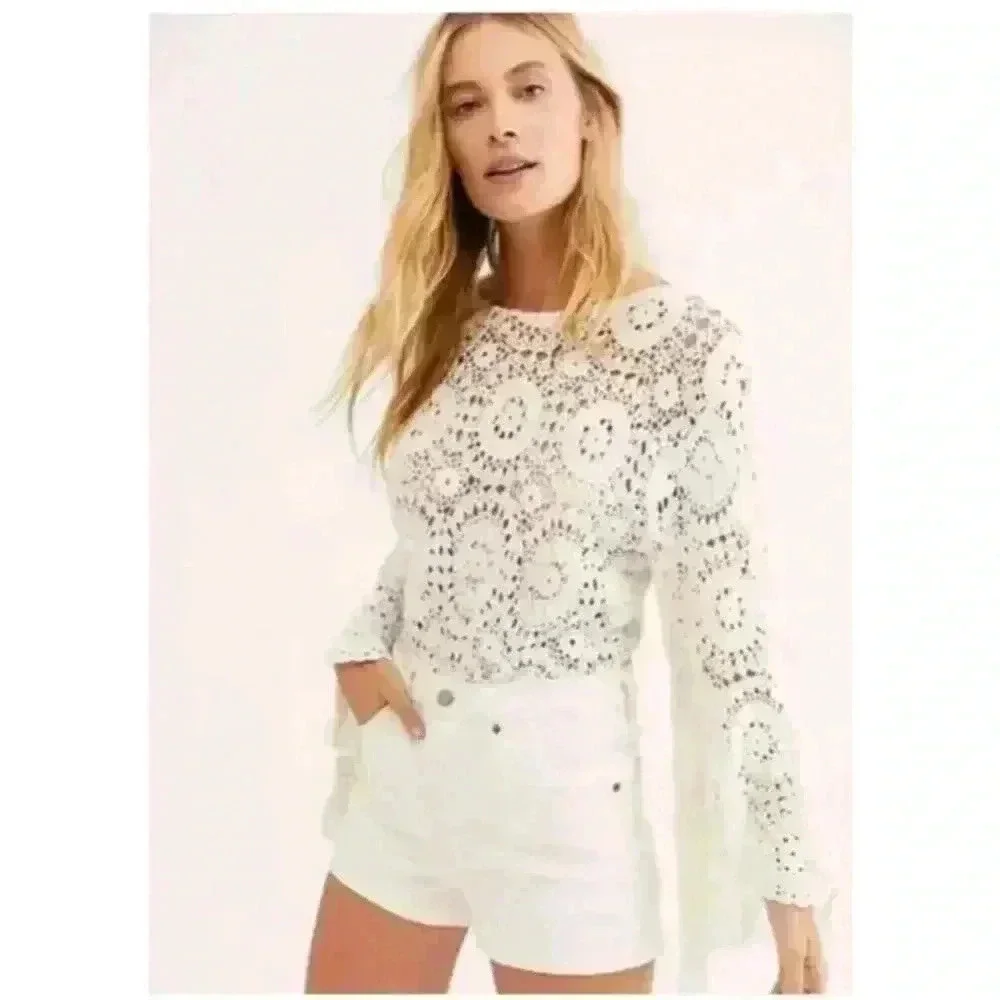 NWOT Free People Desert Daze Boho‎ Bodysuit Crochet | White | SZ XS